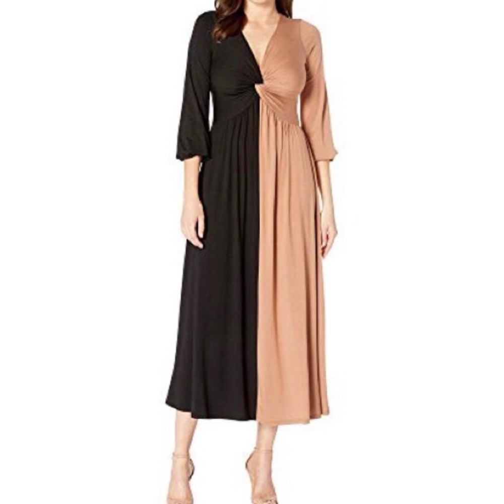 Rachel Pally Two Tone Twist Front Maxi Dress Size 1X Black Tan Balloon Sleeve